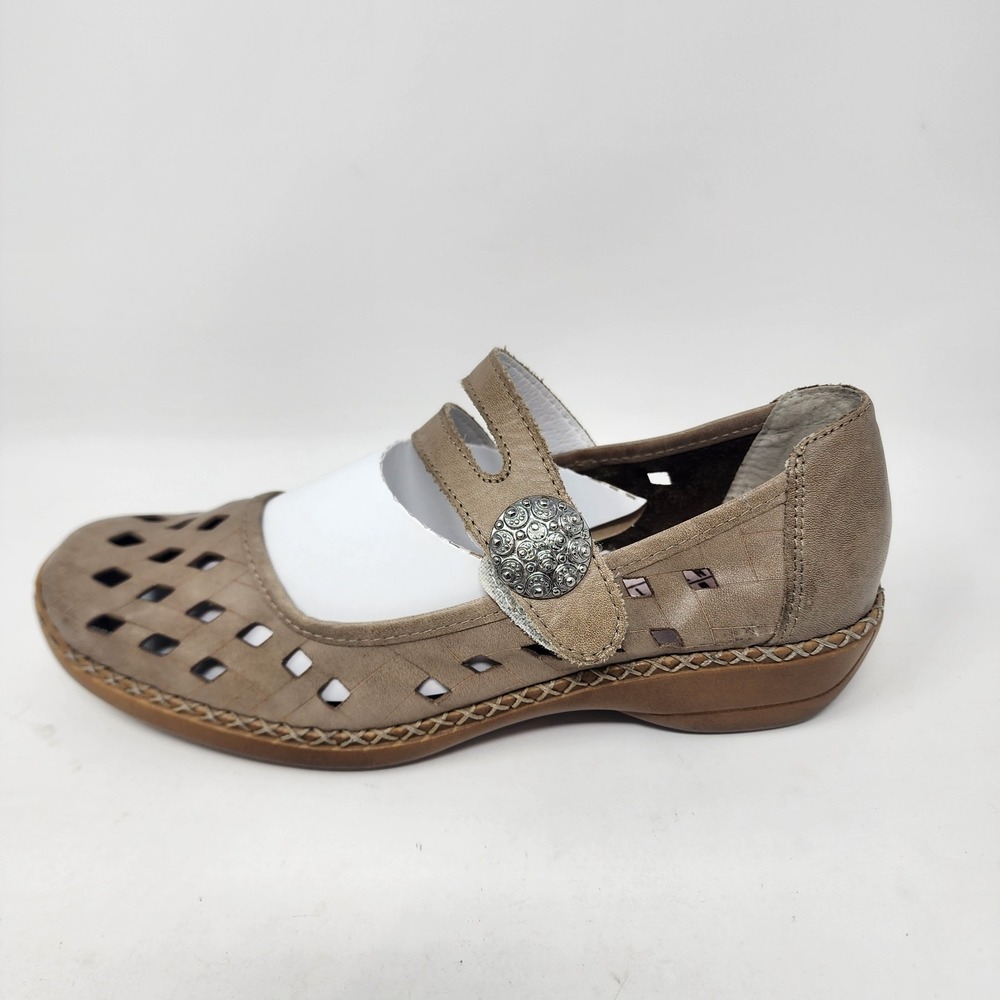 Rieker Doris Mary Jane Shoes Womens 7.5 Antistress Sole Perforayed Leather Beige